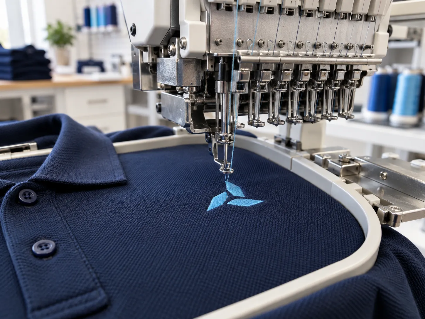 Stickmaschine stickt ein Logo auf ein dunkles Poloshirt