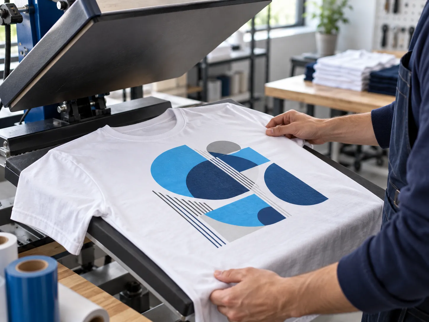Weißes T-Shirt mit frischem Farbdruck unter der Druckpresse