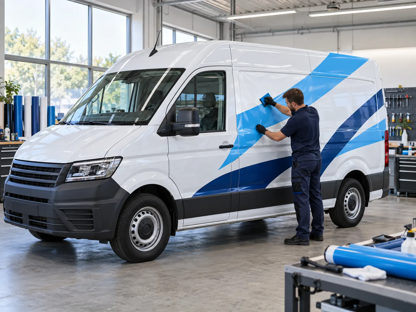 Folierung eines weißen Firmen-Transporters in der Werkhalle