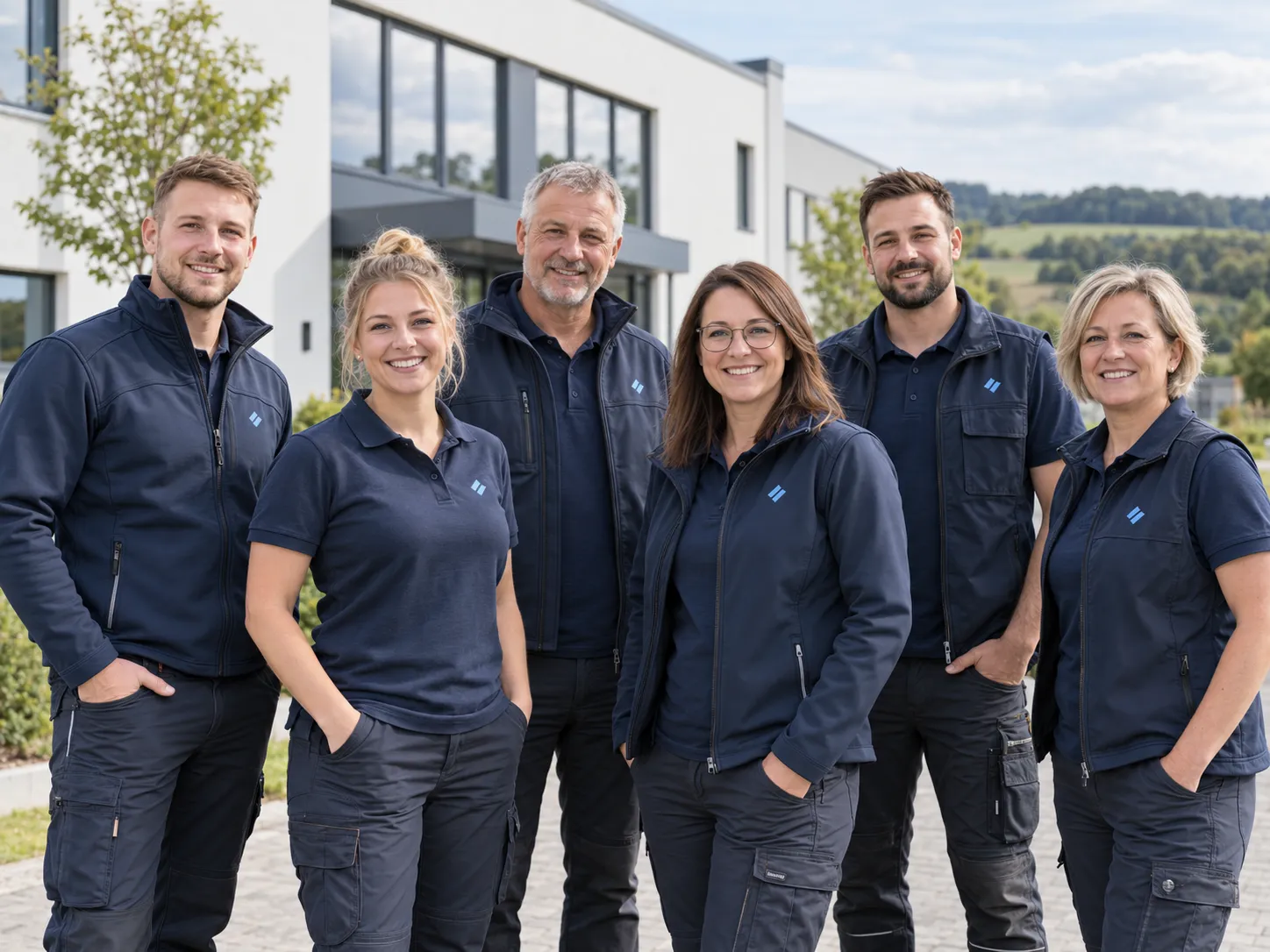 Team in einheitlicher dunkler Firmenkleidung mit Logo-Stickerei